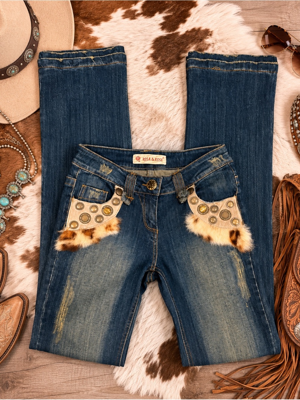 2000s Y2K western Bootcut Jeans with Faux Fur Pocket Trim